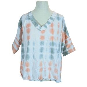 La Miel Top Womens L Multi Tie Dye V-Neck Oversized Short Sleeve Boho Casual